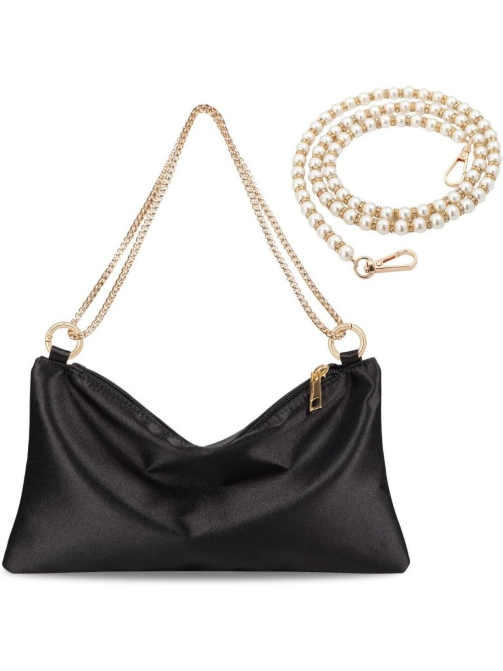 Women’s Black Satin Evening Bag Clutch Purse with 2 Chain Formal Cocktail Party